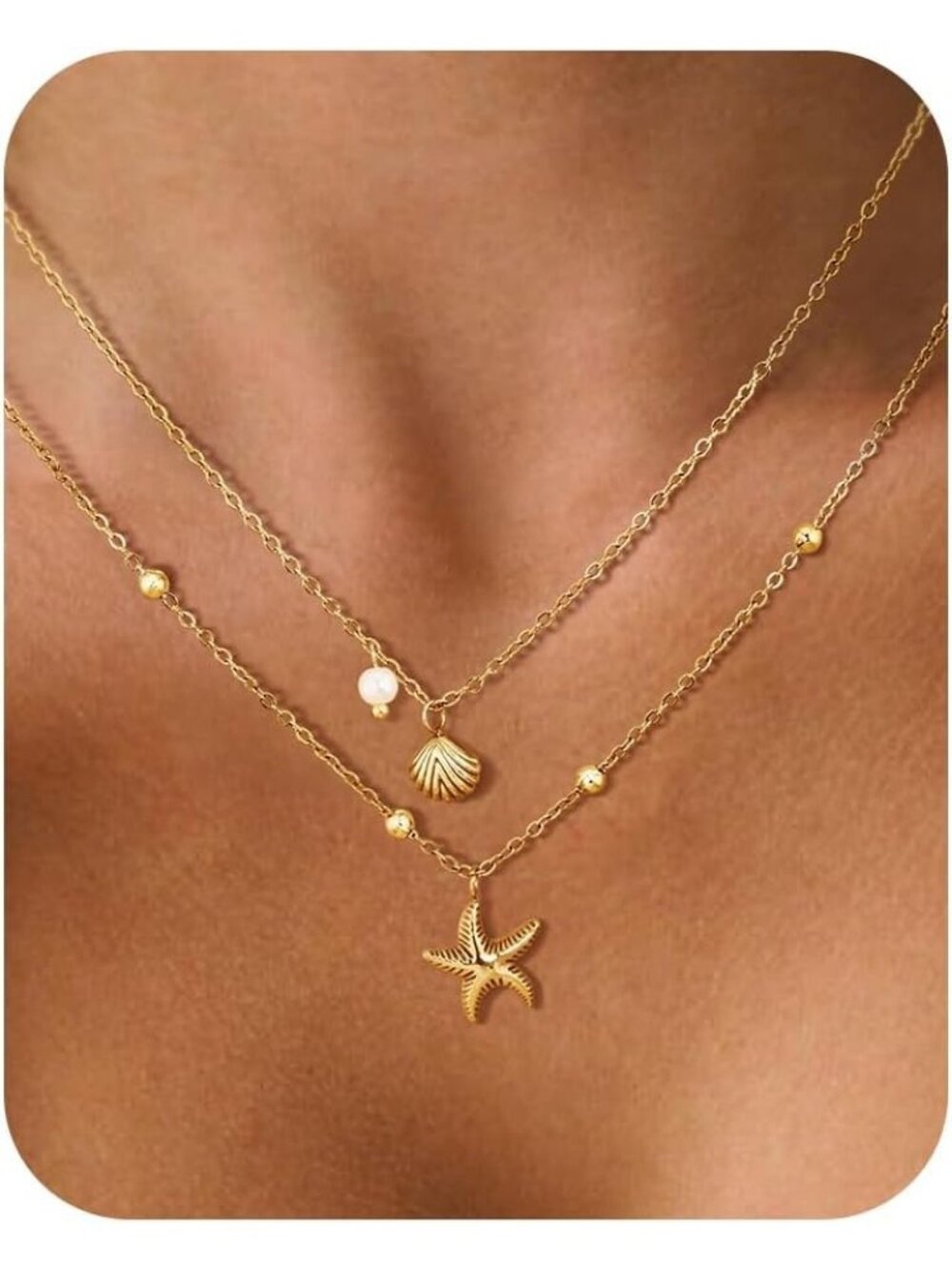Women's Gold Layered Shell Starfish Conch Pearl Pendant Necklace Non Tarnish